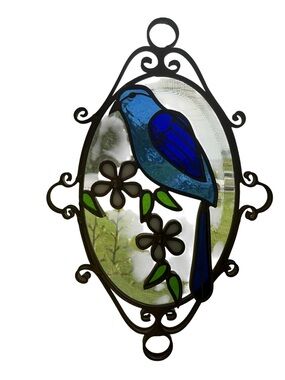 Bluebird Stained Glass Sun Catcher Window Hanger Oval White Flowers Bird Nature